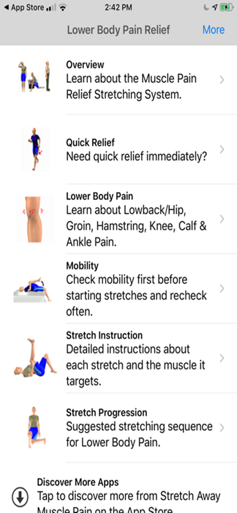 Stretch For Pain Relief Lower - Main menu of the Stretch For Pain Relief app showing options for quick relief, mobility checks, and stretching instructions.
