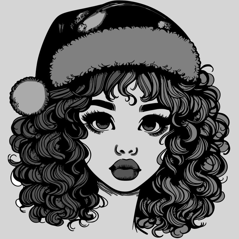 realistic girl with a santa hat curly hair and lips