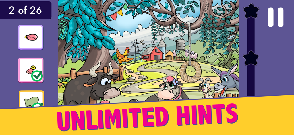 Hidden Object Puzzles For Kids - A colorful farm-themed hidden object puzzle for kids featuring cartoon animals and an unlimited hints text overlay.