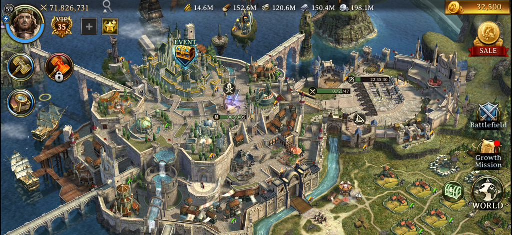 A 3D overhead view of a medieval kingdom and player interface in the Rise of Firstborn strategy game