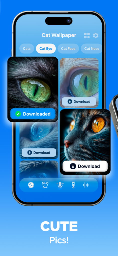 A mobile app interface displaying a gallery of high-quality cat eye wallpapers with download buttons