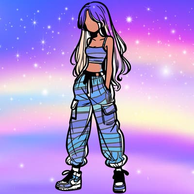 girl in baggy pants crop top and long hair