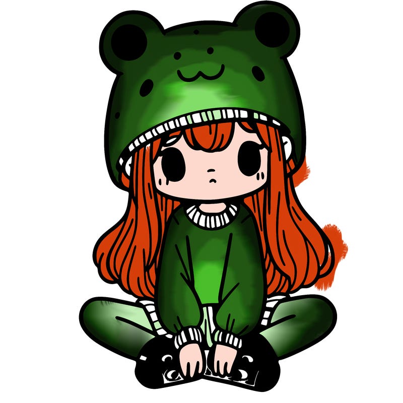 a girl wearing a frog hat and some frog socks