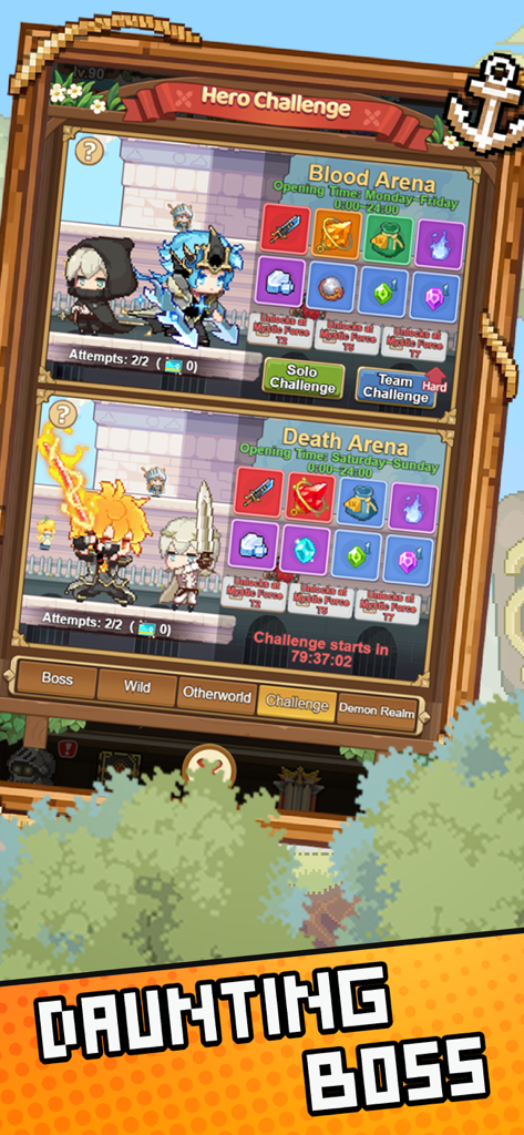 Warriors and Dungeons gameplay showing Hero Challenge arena menu with pixel art heroes