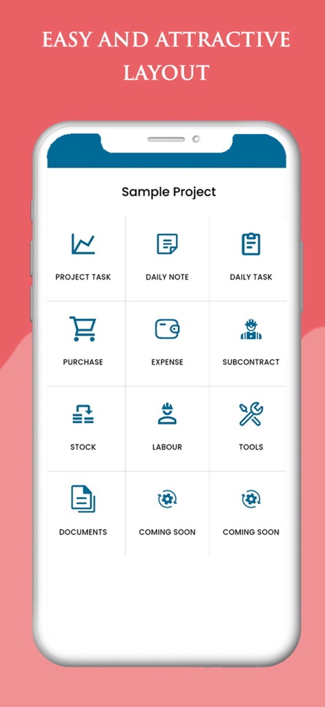 Smart Build mobile app dashboard showing icons for project tasks, daily notes, and expense tracking for contractors.