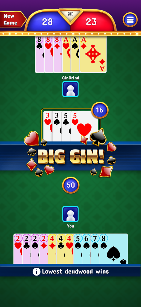 Gin Rummy - Classic Cards Game - Una pantalla de victoria de 'Big Gin' en el juego clásico de Gin Rummy en el móvil.