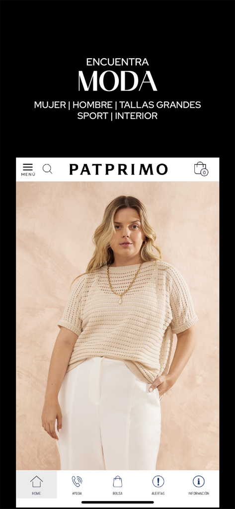 Interface of the Patprimo fashion app showing a woman in a beige top and white pants with menu options.