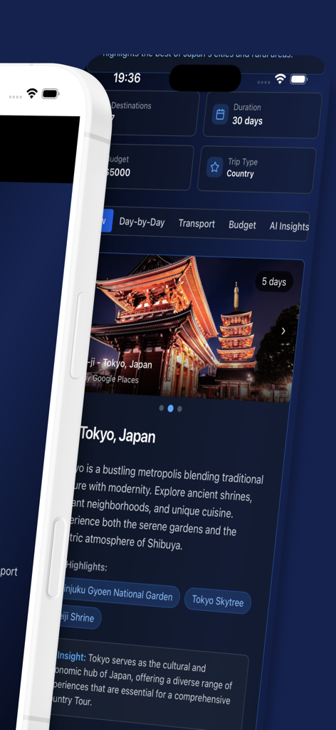 Travel AI - Perfect Journey - Mobile app interface of Travel AI showing a 30 day trip plan for Tokyo Japan with budget and destination details