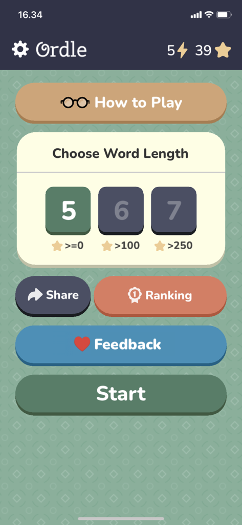 Main menu of the Ordle word game showing options to select five six or seven letter words and a start button.
