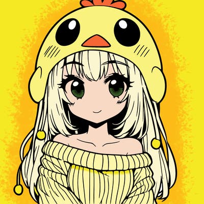 anime girl with chick shaped hat with sweater with bare shoulders with bangs covering them one eye with low tail