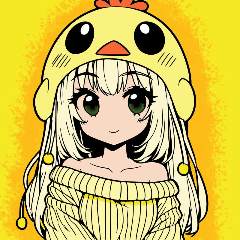 anime girl with chick shaped hat with sweater with bare shoulders with bangs covering them one eye with low tail