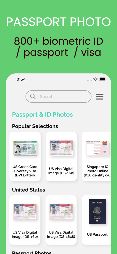 Screenshot of the Passport Photo Maker app interface showing a list of biometric ID and visa photo options including US Passport and Green Card