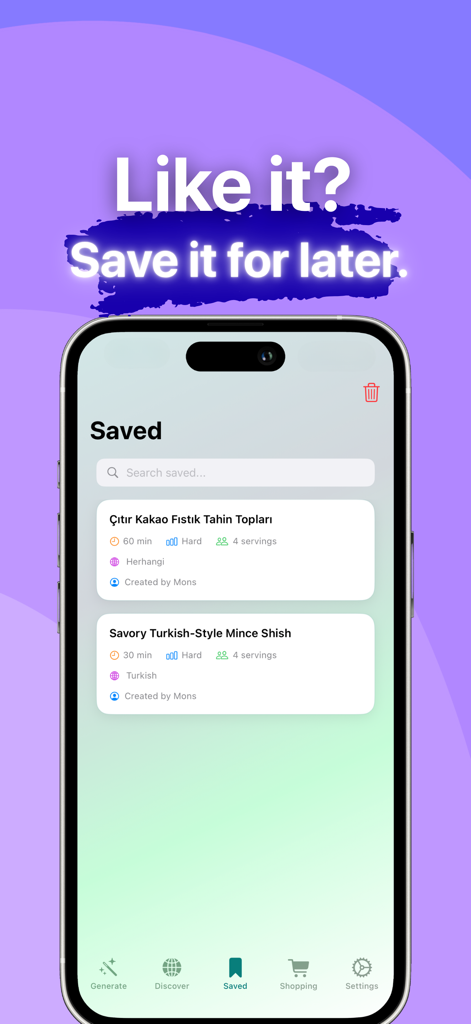 Monsavor - AI Powered Recipes - Interface of the Monsavor app showing a list of saved AI generated recipes for easy meal access