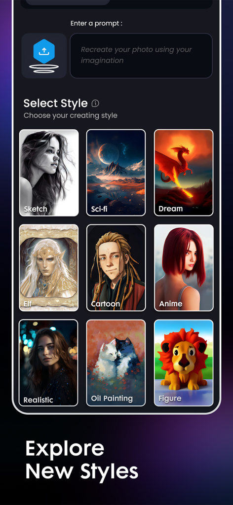 アニメ、SF、スケッチなどのオプションを表示するDraw AIアプリのアートスタイル選択画面