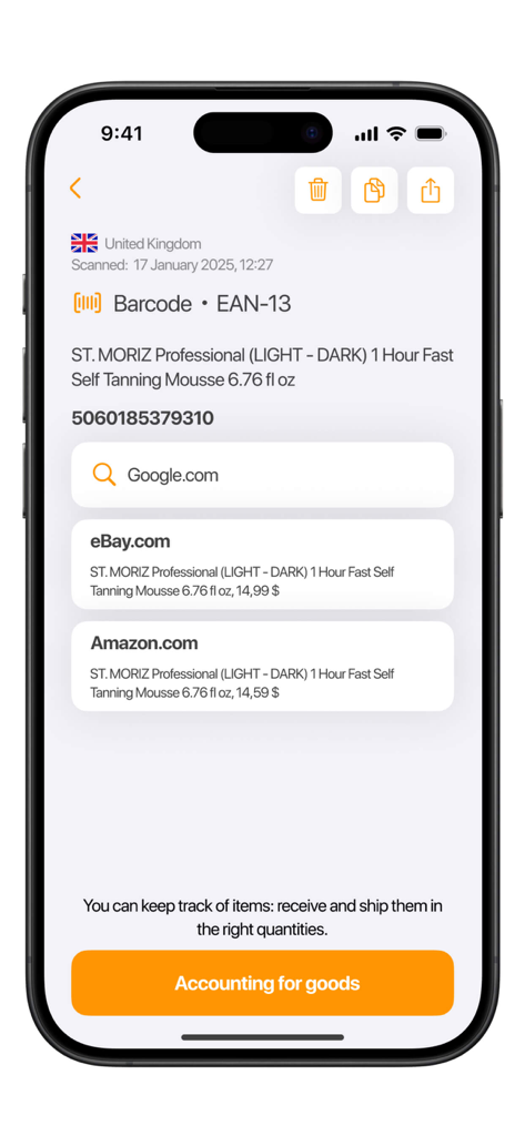 Barcode Scanner & Reader - Barcode scanner app showing product price comparison on Amazon and eBay
