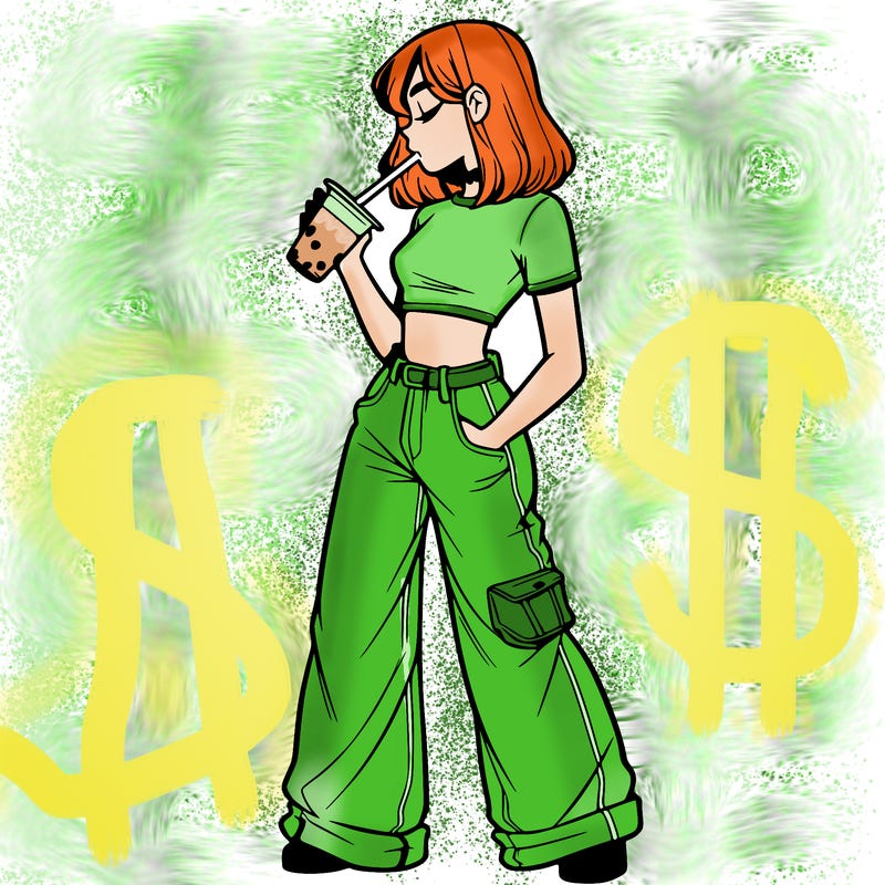 relistic girl wearing baggy crop top and bell bottems drinking boba