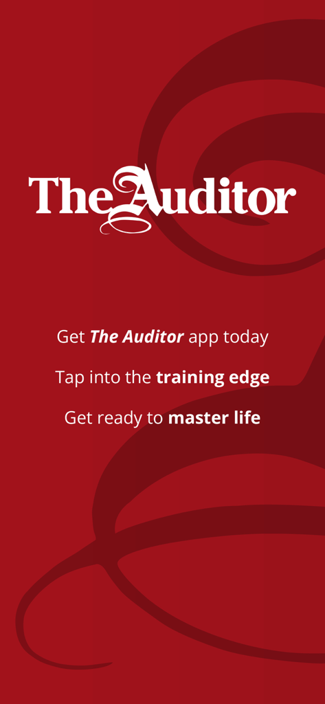 The Auditor - Pantalla de bienvenida de la aplicación The Auditor con el logo y texto motivacional sobre un fondo rojo.