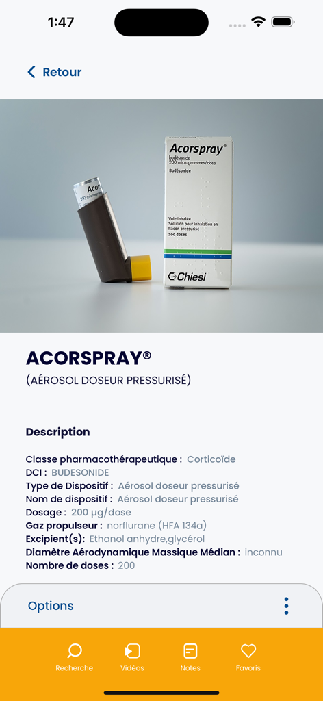 Capture d'écran d'une application mobile affichant les informations médicales et l'image d'un inhalateur Acorspray.