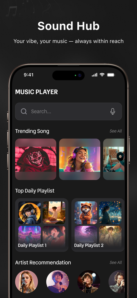 Home screen of RYT Music Player showing trending songs, daily playlists, and artist recommendations.