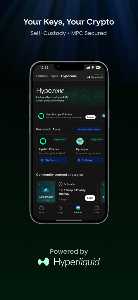 Okto: Crypto Wallet - Okto crypto wallet app interface showing the HypeZone screen with Hyperliquid dApps