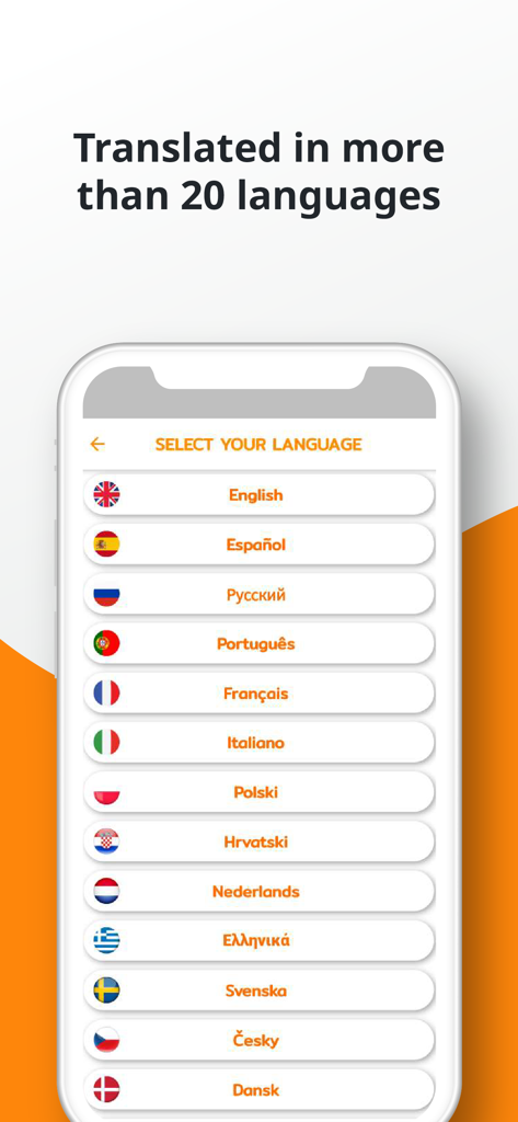PORO - German Vocabulary - Bildschirm einer mobilen App, der Sprachauswahloptionen für die PORO Deutsche Vokabel-App mit Flaggen verschiedener Länder anzeigt.