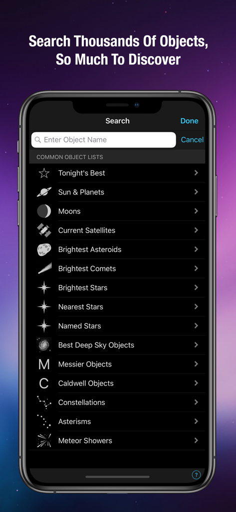 SkySafari 6 Pro - SkySafari 6 Pro search interface with lists of celestial objects including planets stars and galaxies