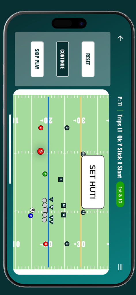 FootballU - A digital football playbook screen showing player positions and routes on a field diagram.