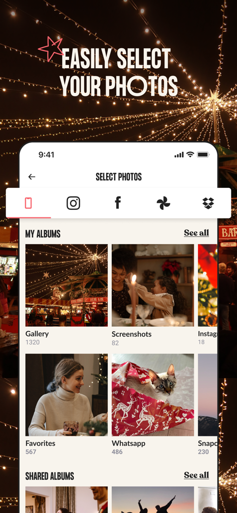 Interface of the Lalalab app showing the photo selection screen with options to import from phone albums, Instagram, and Facebook.