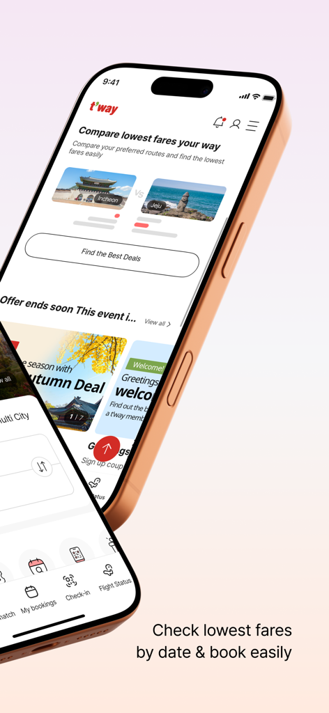 T’way Air - Interface de l'application mobile Tway Air affichant une comparaison des tarifs de vol pour Incheon et Jeju
