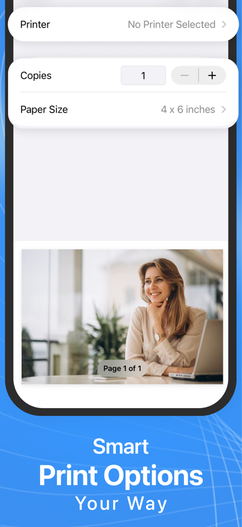 Smart Printer : Instaprint App - Interface of the Smart Printer app showing print options for copies and paper size with a photo preview