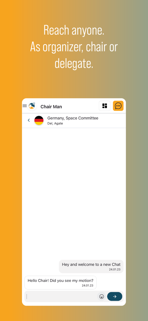 Mobile app interface of MUN Command showing a real-time chat between a committee chair and a delegate.