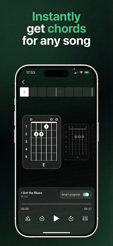Schermata dello smartphone che mostra uno schema di accordi per chitarra e l'interfaccia del lettore musicale nell'app Tuner Pro