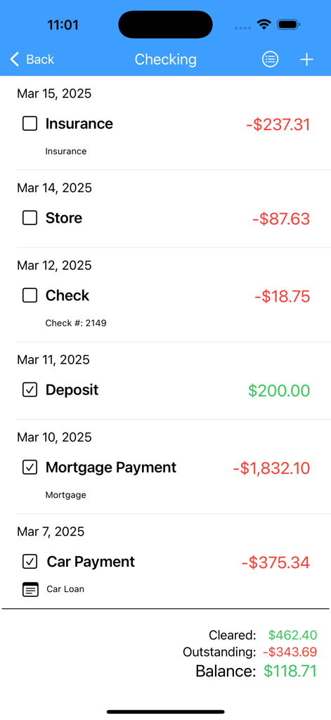 Mobile app interface showing a list of checking account transactions with cleared and outstanding balance totals.