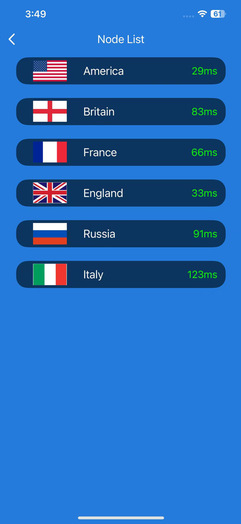 VPN - Whale ВПН Buck - Ping時間と国旗が表示されたVPNサーバーの場所のリスト