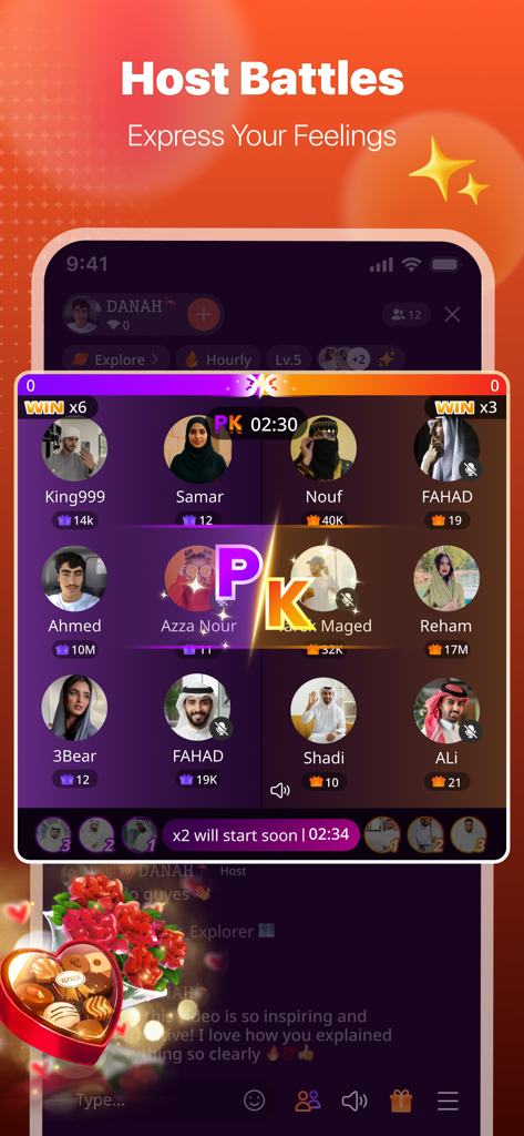 Hoo Live - Hoo Live mobile app screenshot showing a live PK battle between multiple participants with virtual gifts