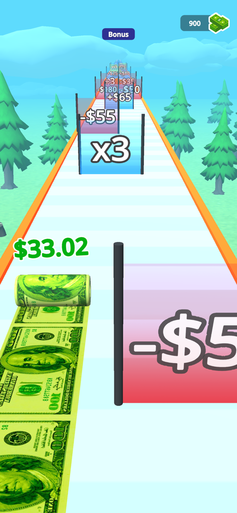 Money Rush - Un rollo de billetes de dólar moviéndose a través de puertas matemáticas positivas en el juego móvil Money Rush