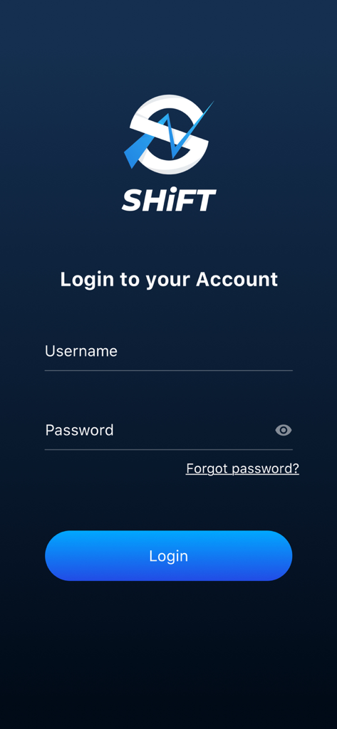 La pantalla de inicio de sesión de la aplicación móvil SHIFT para educación en forex que muestra los campos de nombre de usuario y contraseña.