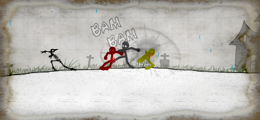 Ragdoll Fists - A black stickman fighting red and yellow opponents in a physics-based action game.