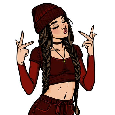 realistic teenage girl with braids and a beanie and crop top doing 🫶🏼