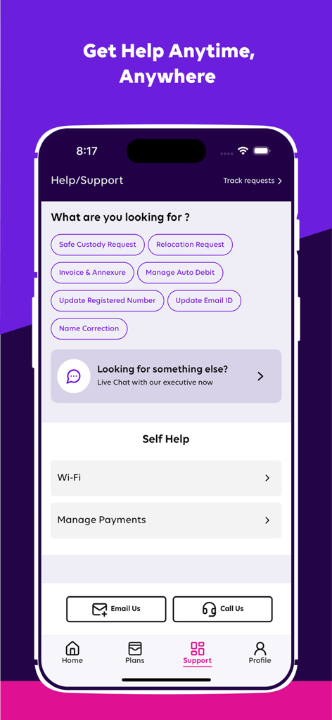Screenshot of the Help and Support interface in the Tata Play Fiber app featuring service request options and contact methods.