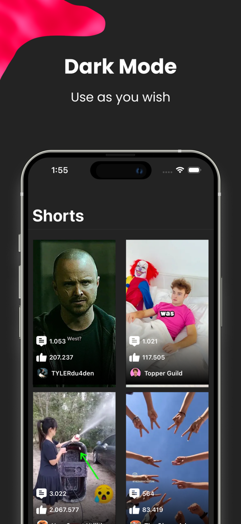 Save & View for YouTube Shorts - YouTubeショート動画保存・閲覧アプリのインターフェースで、ダークモードと動画グリッドが表示されている。
