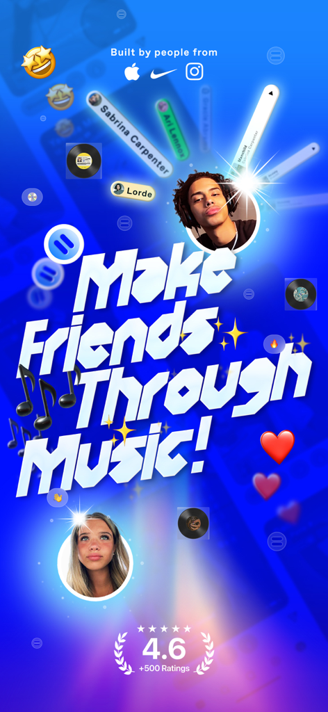 Promotional screen for EQUALS app featuring the text Make Friends Through Music with music icons and user profile avatars.