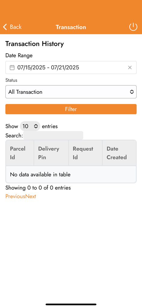 GUO Logistics - Transaction history screen in the GUO Logistics app showing date range and status filters.