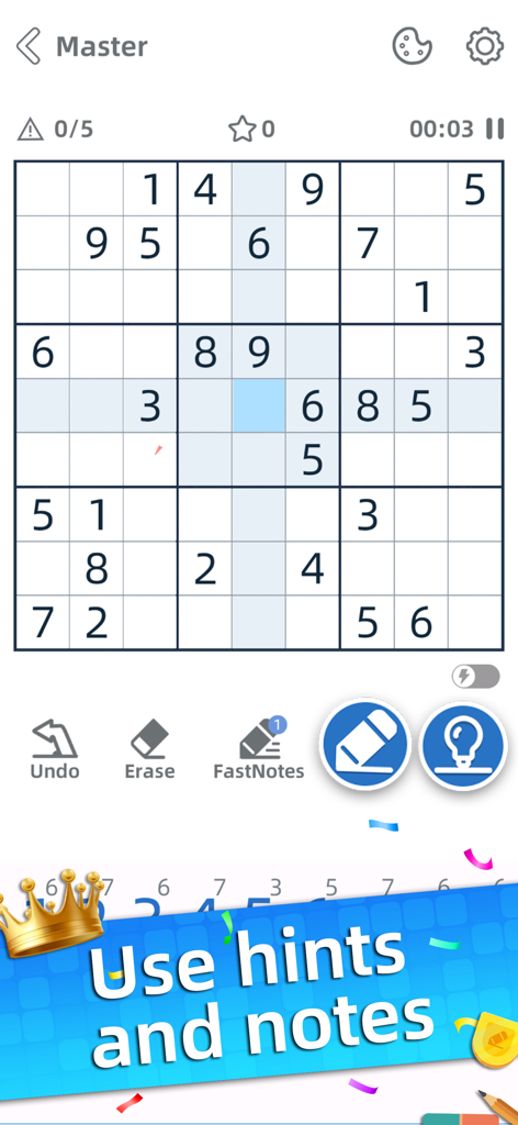 Sudoku - Aged Studio - Pantalla de juego de nivel maestro de Sudoku con pistas y herramientas para tomar notas.