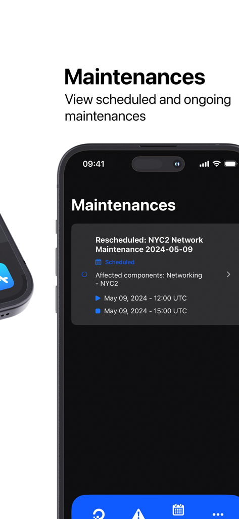 Status for DigitalOcean - Screenshot of scheduled maintenance tasks in the Status for DigitalOcean app