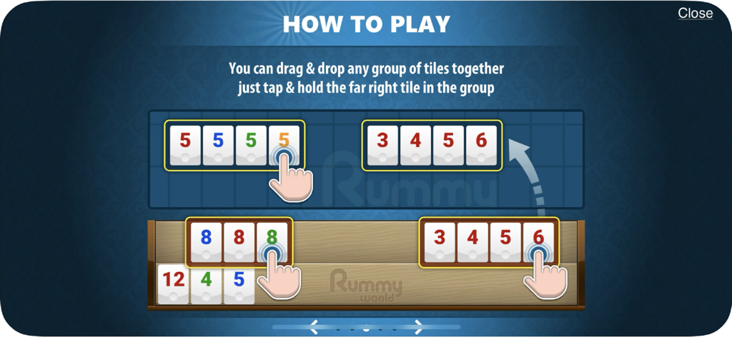 Rummy World - A tutorial screen for Rummy World explaining how to drag and drop tile sets and runs