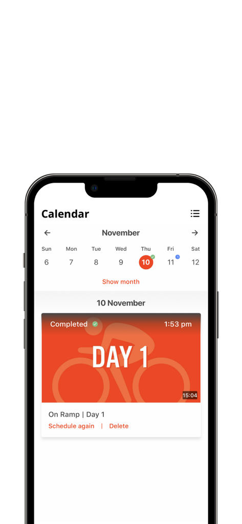 Dynamic Cyclist - Interface of the Dynamic Cyclist app showing a training calendar with a completed workout titled Day 1
