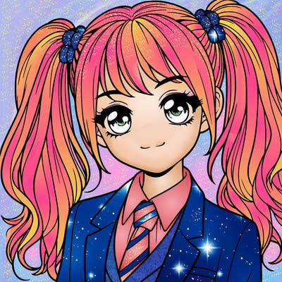 realistic girl with two ponytails and a suit on