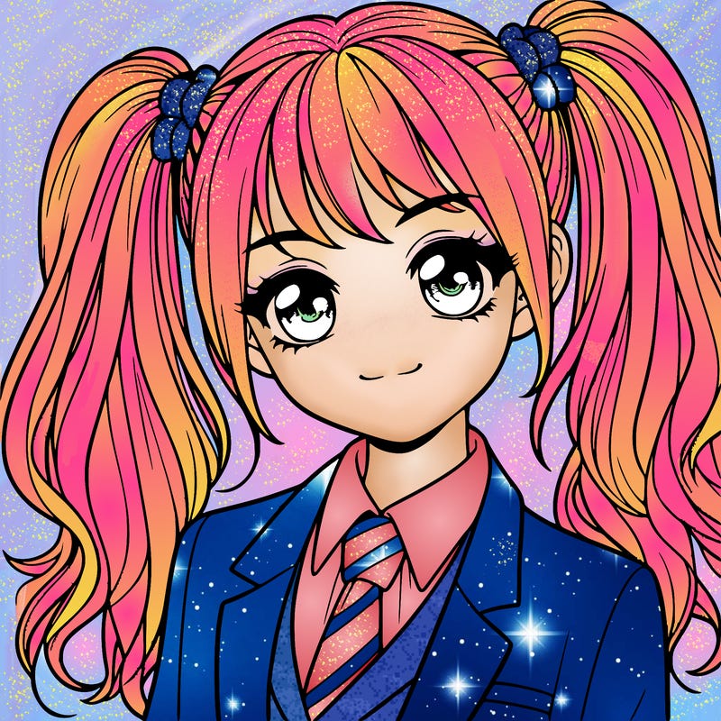 realistic girl with two ponytails and a suit on