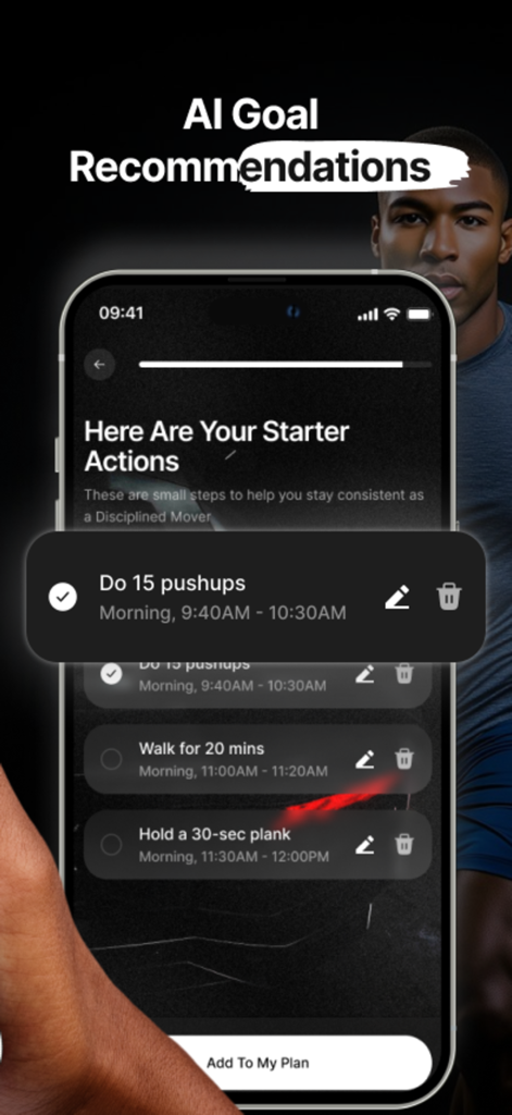 The LockedIN Mindset - AI goal recommendations and starter actions screen in The LockedIN Mindset app